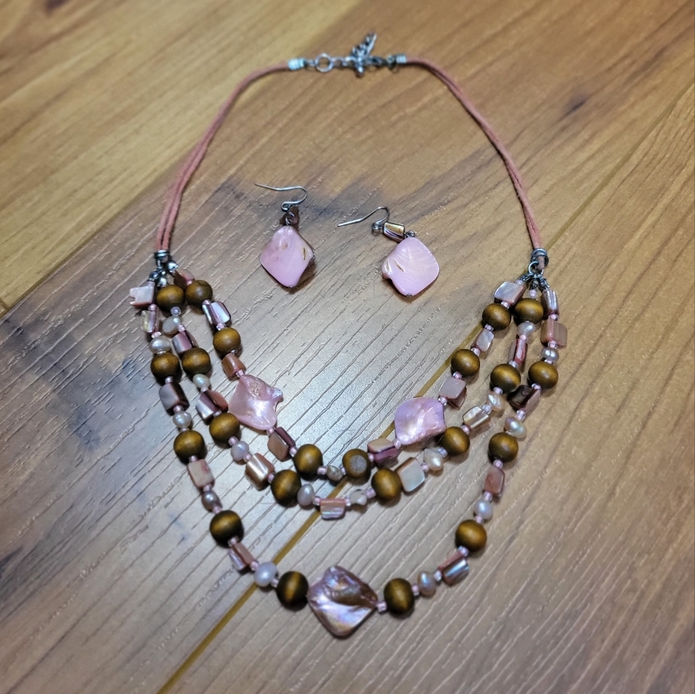 Pink and Brown Layered Beaded Necklace And Earring Set